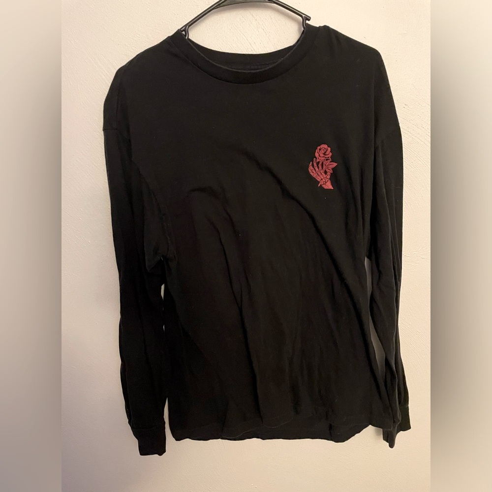 SCW Long Sleeve Shirt Skeleton Hand Rose Graphic Tee 100% Cotton Black